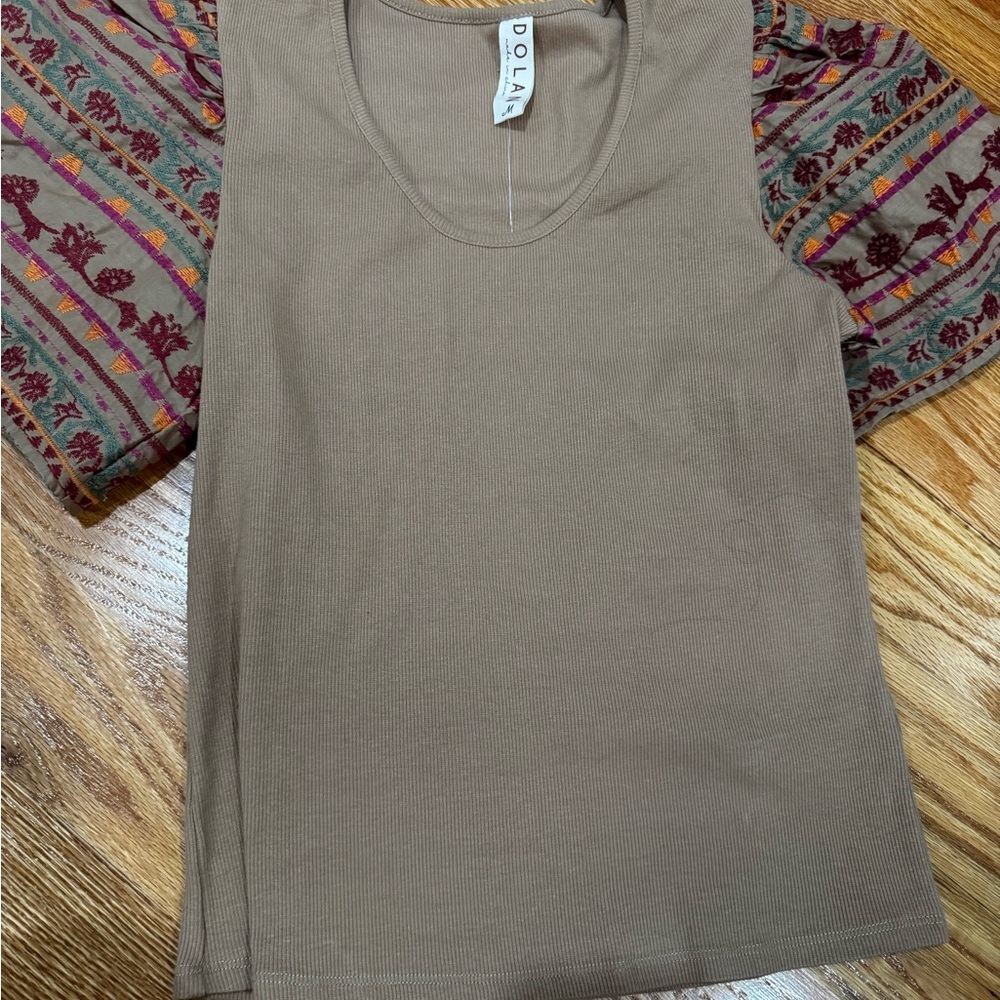 Dolan Tan Top with Burgundy Patterned Sleeves